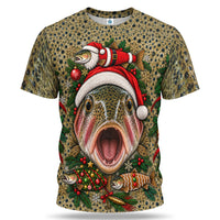 Santa Rainbow Trout and Christmas Ornaments 3D Fishing T-Shirt