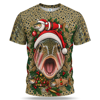 Santa Rainbow Trout and Christmas Ornaments 3D Fishing T-Shirt