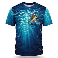 Santa Hat Bass Fishing in Blue Water 3D T-Shirt