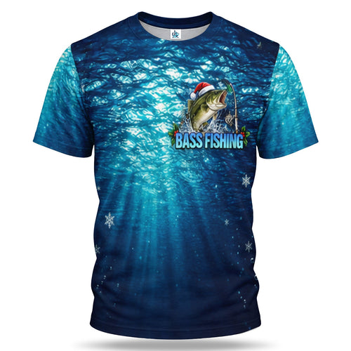 Santa Hat Bass Fishing in Blue Water 3D T-Shirt