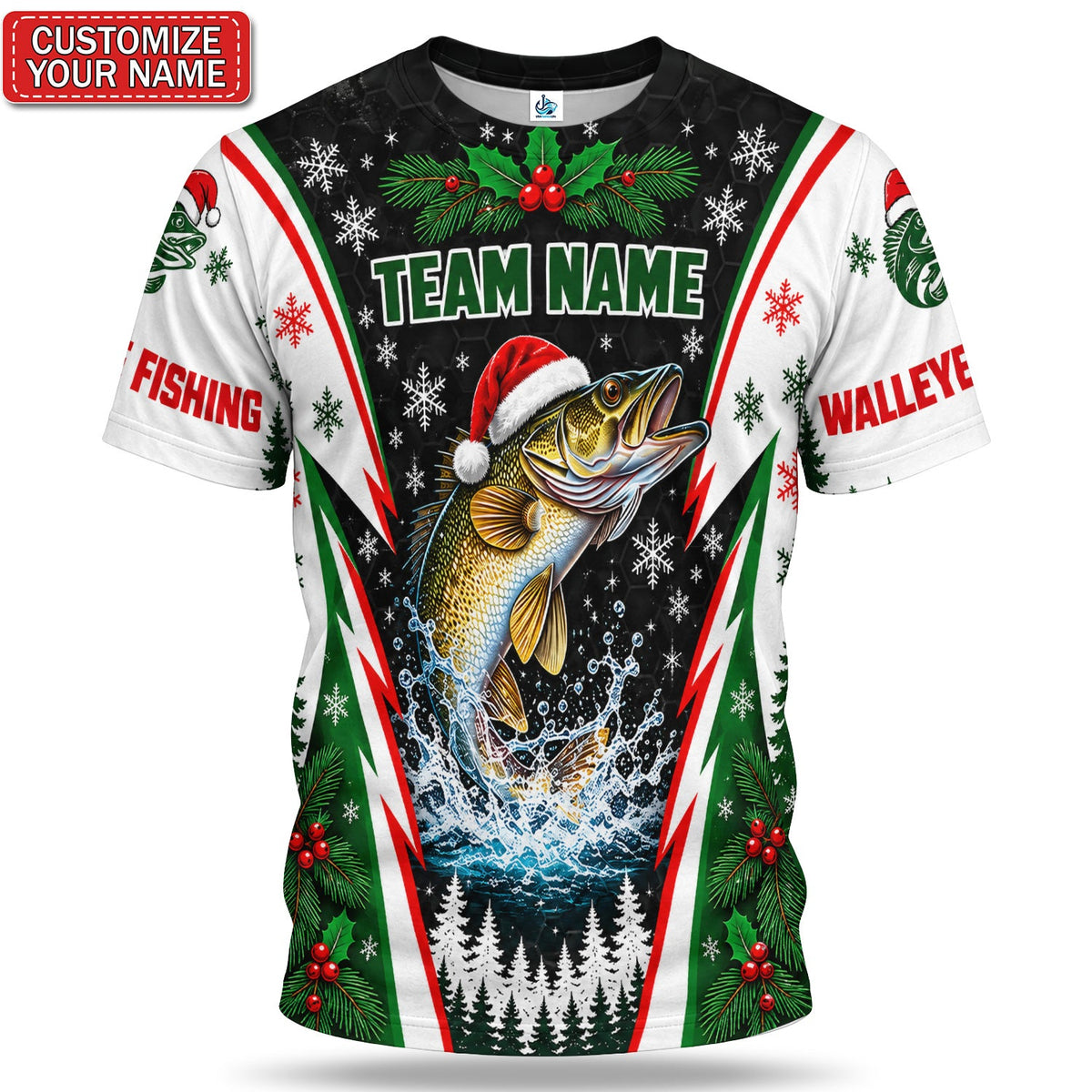 Personalized Christmas Walleye Fishing Graphic T-Shirt