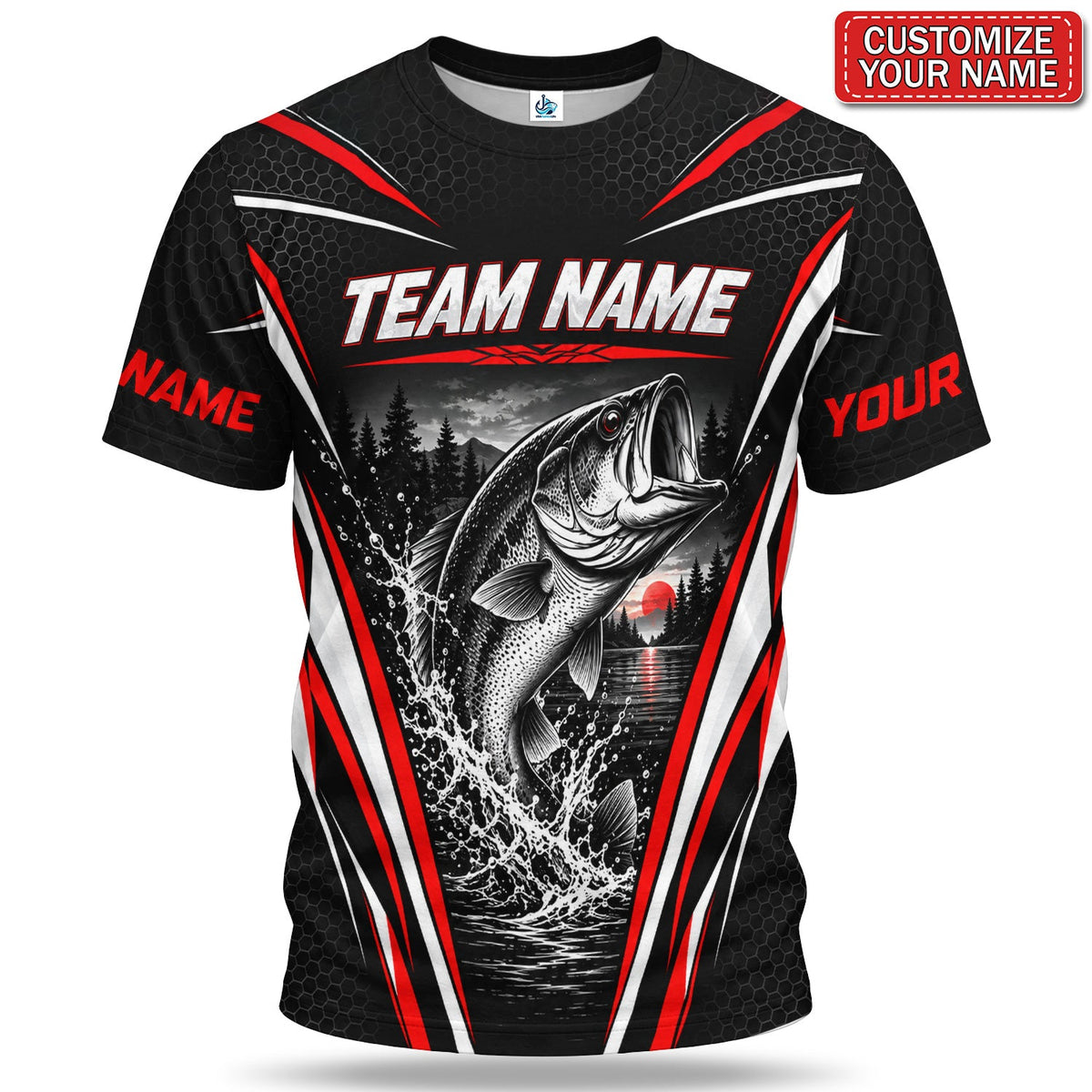Personalized Bass Fishing Team T-Shirt With Red Sunset