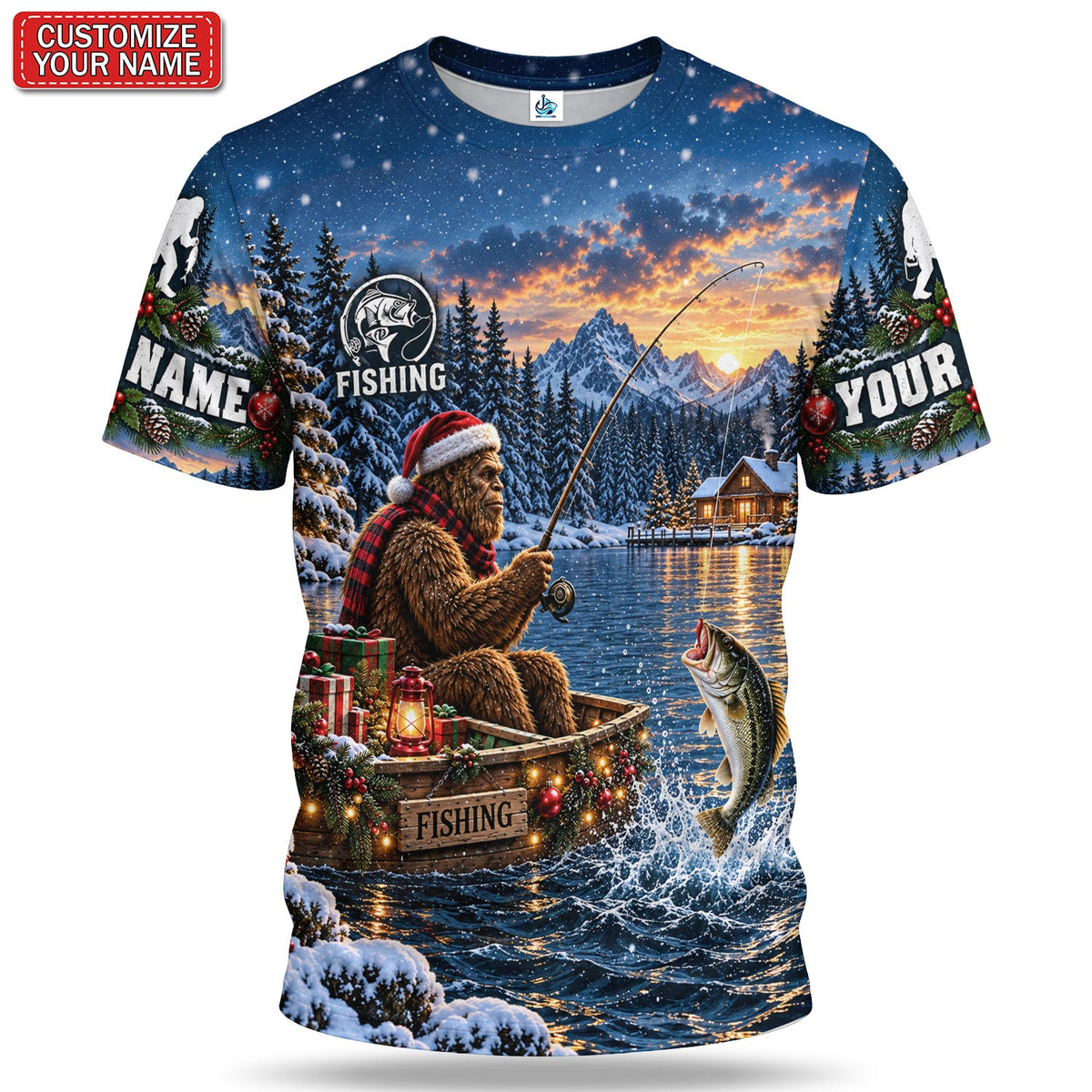 Personalized Christmas Bear Fishing Graphic T-Shirt