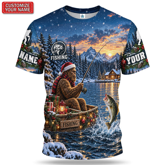 Personalized Christmas Bear Fishing Graphic T-Shirt