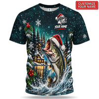 Personalized Santa Hat Bass and Snowy Lake Christmas Fishing T-Shirt