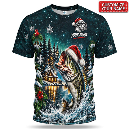 Personalized Santa Hat Bass and Snowy Lake Christmas Fishing T-Shirt