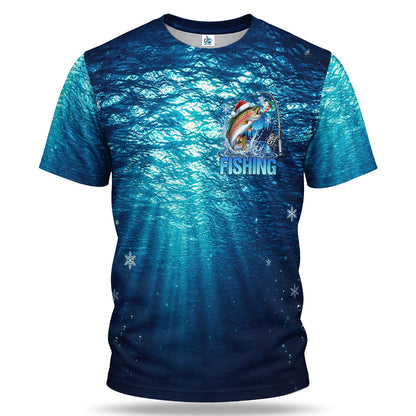 Christmas Trout and Fishing Rod Underwater 3D Fishing T-Shirt