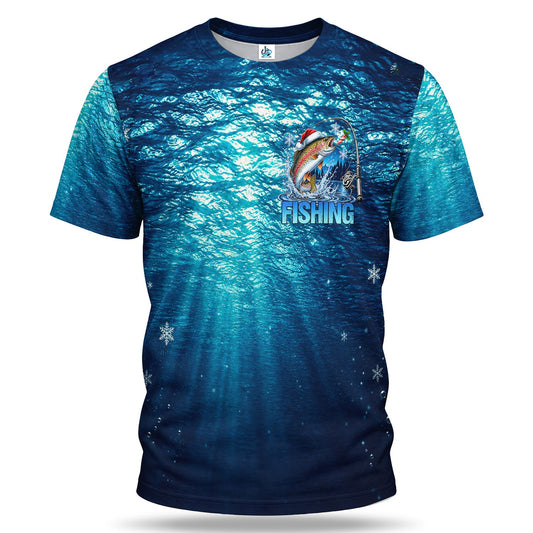 Christmas Trout and Fishing Rod Underwater 3D Fishing T-Shirt