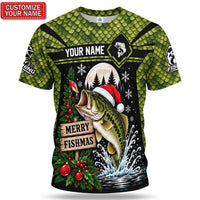 Personalized Merry Fishmas Largemouth Bass Fishing T-Shirt