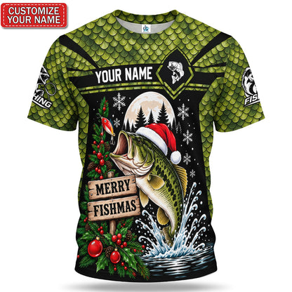 Personalized Merry Fishmas Largemouth Bass Fishing T-Shirt