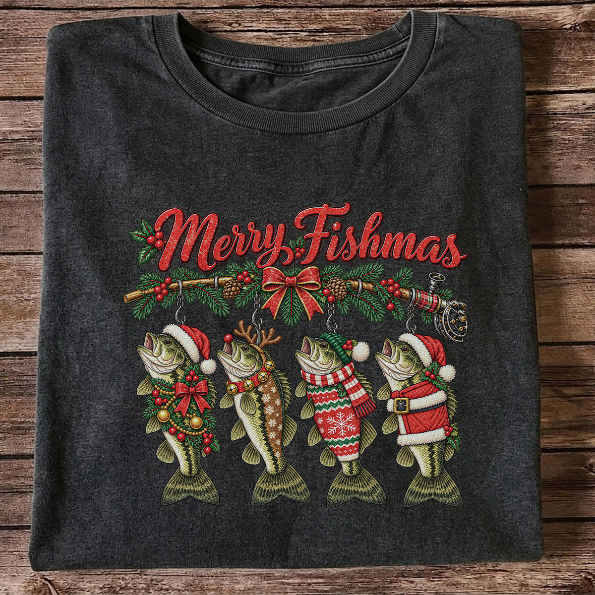 Merry Fishmas Christmas Bass Fishing Graphic T-Shirt