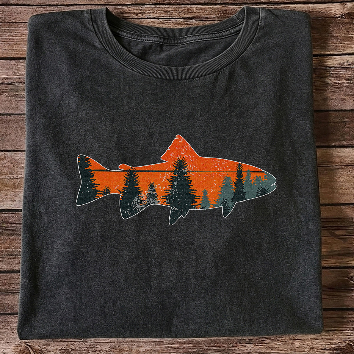 Trout with Mountain Sunset and Pine Forest Fishing Graphic T-Shirt