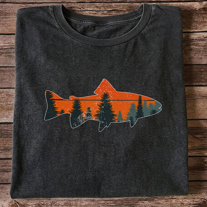 Trout with Mountain Sunset and Pine Forest Fishing Graphic T-Shirt