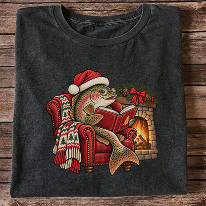 Christmas Trout Reading by the Fireplace Fishing T-Shirt