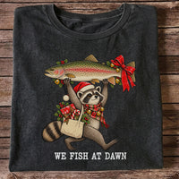 Christmas Raccoon Holding Rainbow Trout Fishing T-Shirt