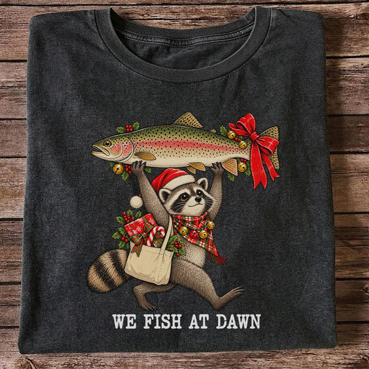 Christmas Raccoon Holding Rainbow Trout Fishing T-Shirt