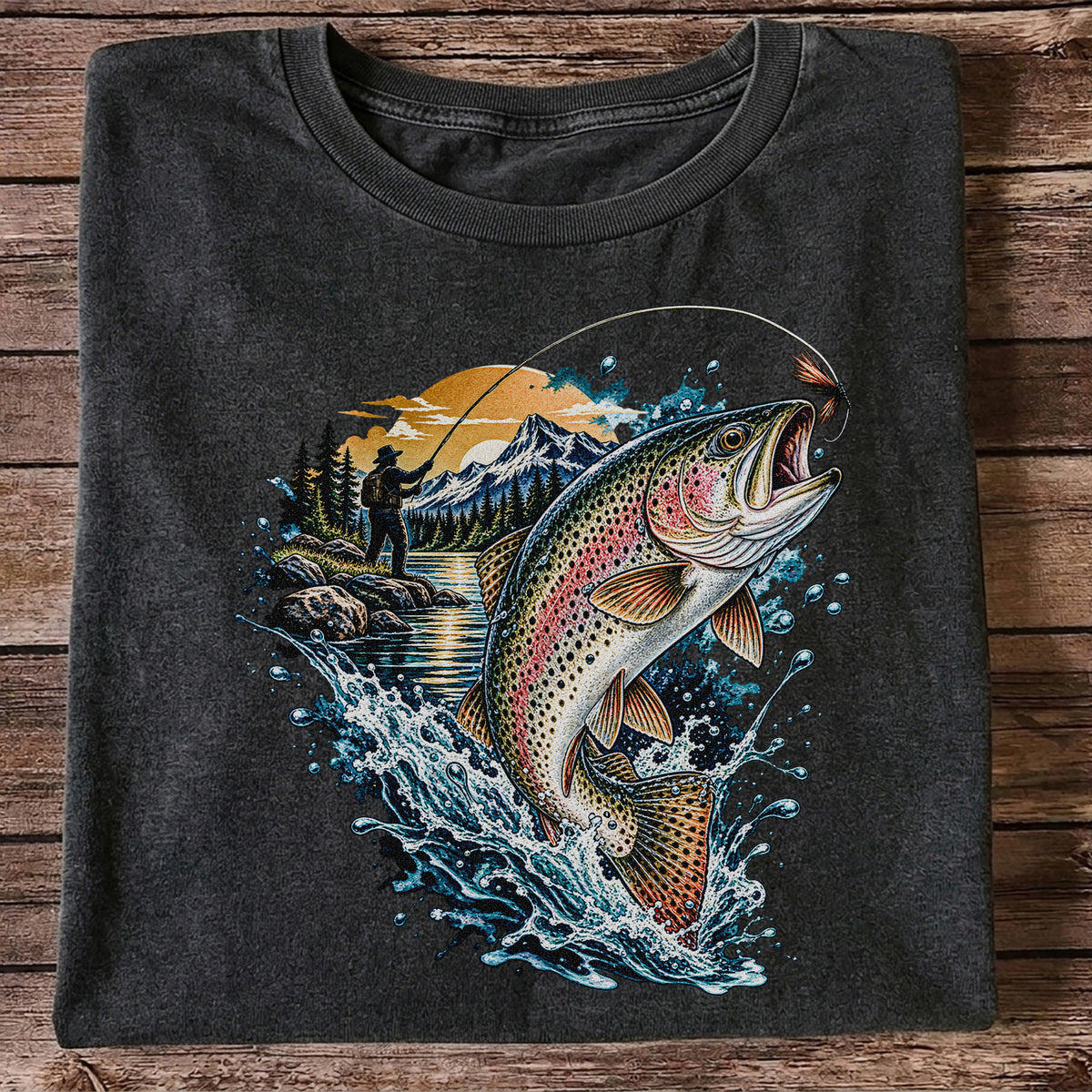 Leaping Rainbow Trout Mountain River Fly Fishing Graphic T-Shirt