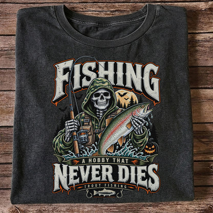 Fishing A Hobby That Never Dies Skeleton Holding Rainbow Trout Halloween T-Shirt