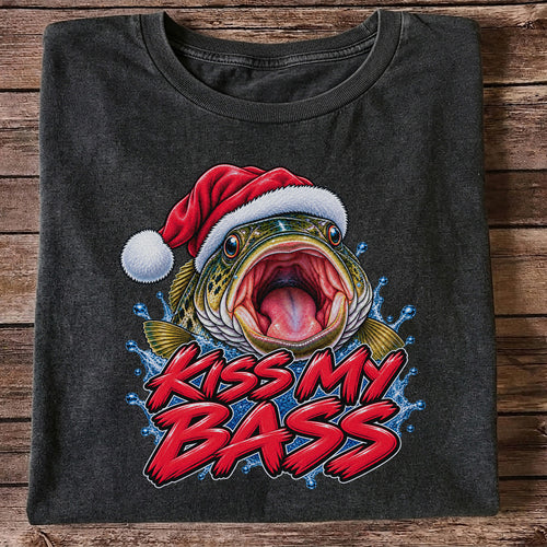 Kiss My Bass Santa Hat Funny Christmas Fishing T-Shirt
