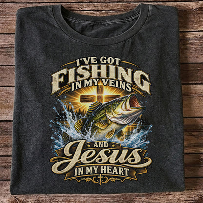 I've Got Fishing in My Veins and Jesus in My Heart Bass and Cross T-Shirt