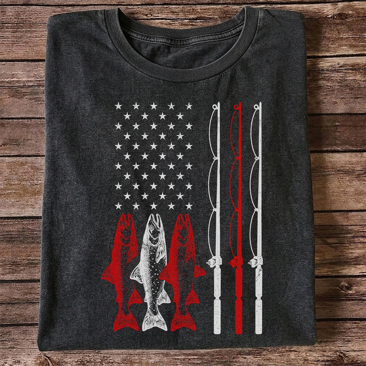 American Flag Trout and Fishing Rods Patriotic T-Shirt