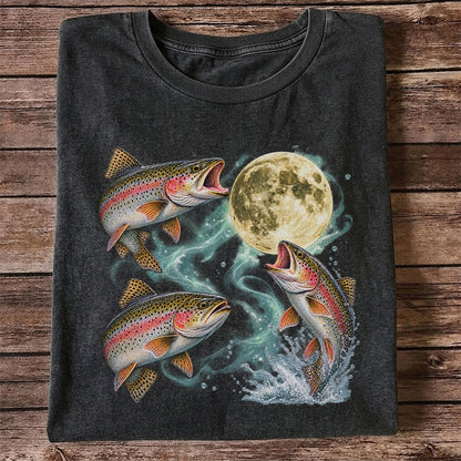 Rainbow Trout Under the Full Moon Fishing Graphic T-Shirt