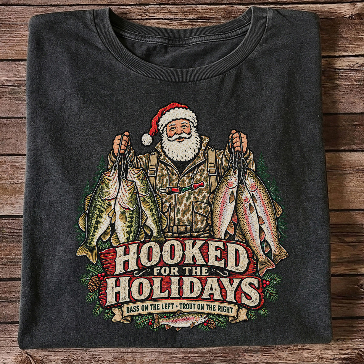 Hooked for the Holidays Bass on the Left Trout on the Right Santa Christmas Fishing T-Shirt
