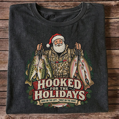 Hooked for the Holidays Bass on the Left Trout on the Right Santa Christmas Fishing T-Shirt