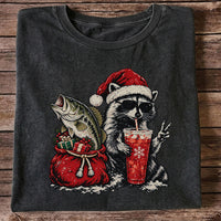 Santa Raccoon Sharing a Bass Christmas Fishing Graphic T-Shirt