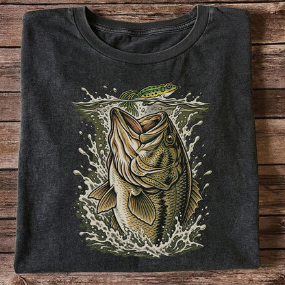 Largemouth Bass Striking a Frog Lure Fishing Graphic T-Shirt