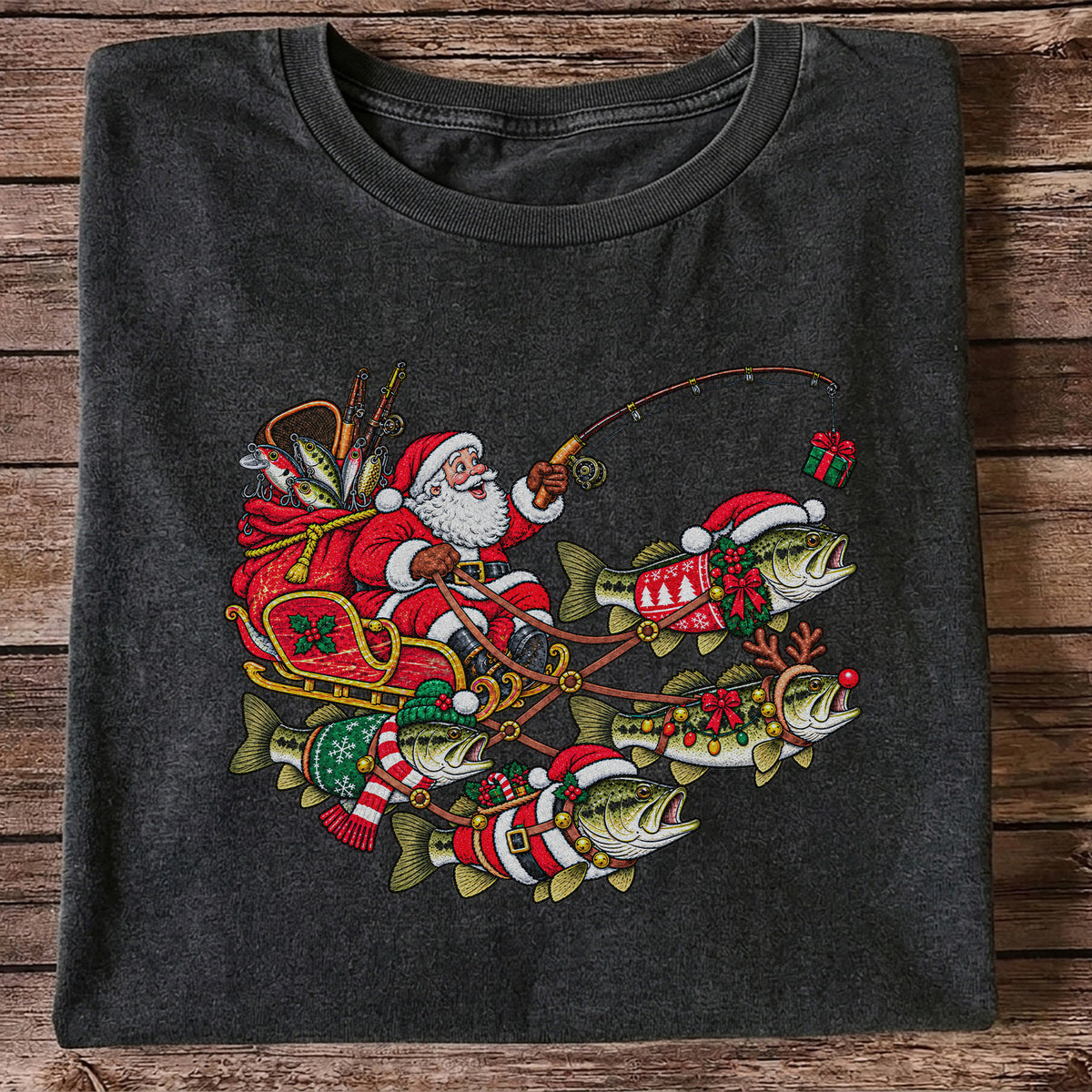 Santa Pulling Festive Bass Fishing Graphic T-Shirt