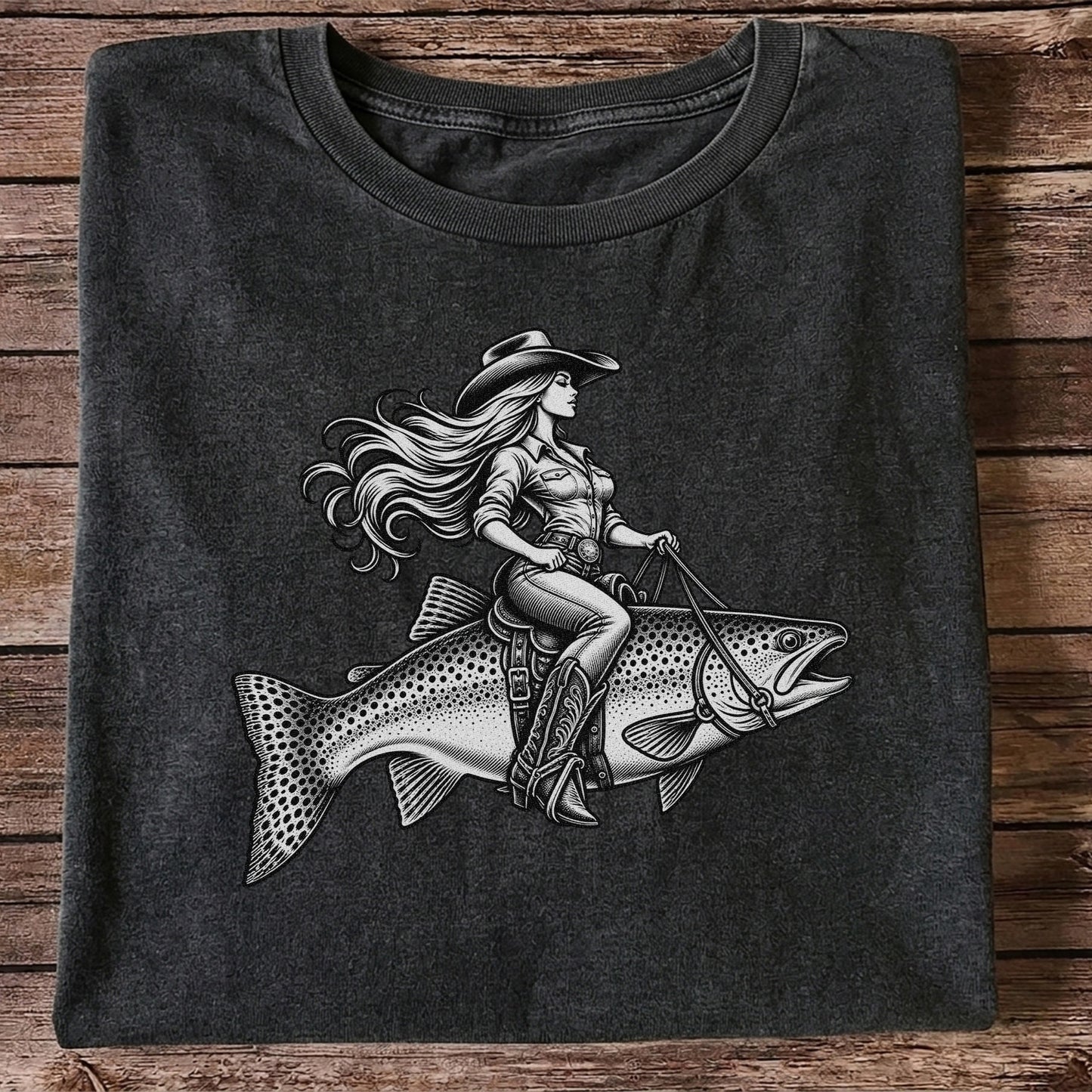 Cowgirl Riding a Trout Western Fishing Graphic T-Shirt