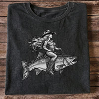 Cowgirl Riding a Trout Western Fishing Graphic T-Shirt