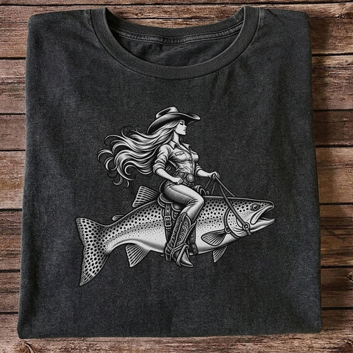 Cowgirl Riding a Trout Western Fishing Graphic T-Shirt
