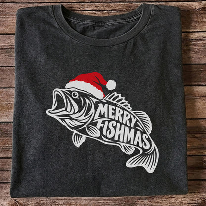 Santa Hat Fish Christmas Fishing Graphic T-Shirt