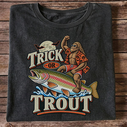 Trick or Trout Bigfoot Riding a Rainbow Trout Halloween Fishing T-Shirt