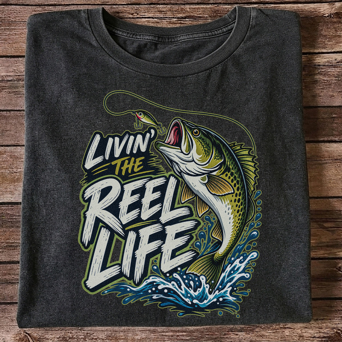 Livin' the Reel Life Jumping Bass Fishing Graphic T-Shirt