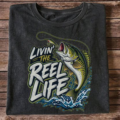 Livin' the Reel Life Jumping Bass Fishing Graphic T-Shirt