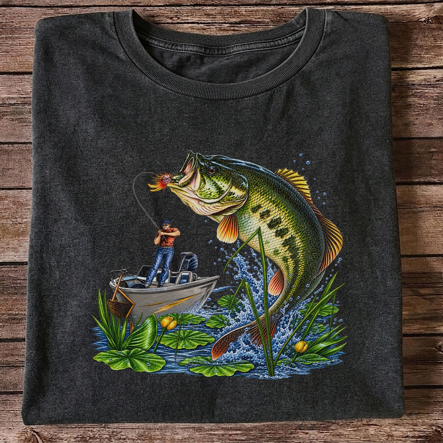 Largemouth Bass Leaping Beside Fishing Boat Graphic T-Shirt