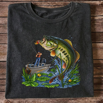 Largemouth Bass Leaping Beside Fishing Boat Graphic T-Shirt