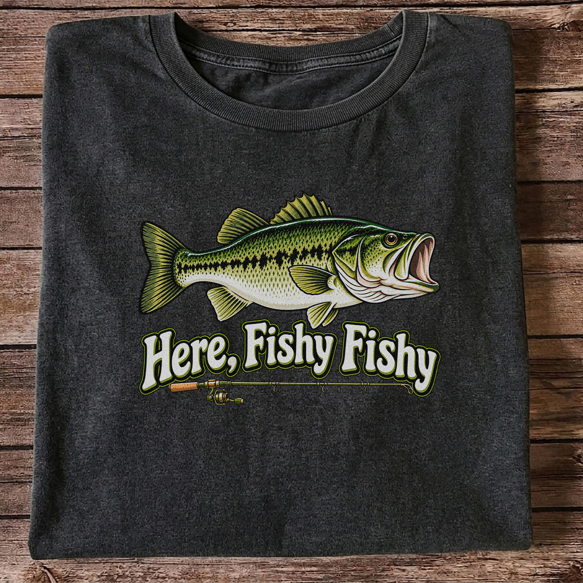 Here Fishy Fishy Funny Largemouth Bass Fishing Graphic T-Shirt