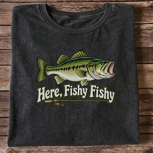 Here Fishy Fishy Funny Largemouth Bass Fishing Graphic T-Shirt