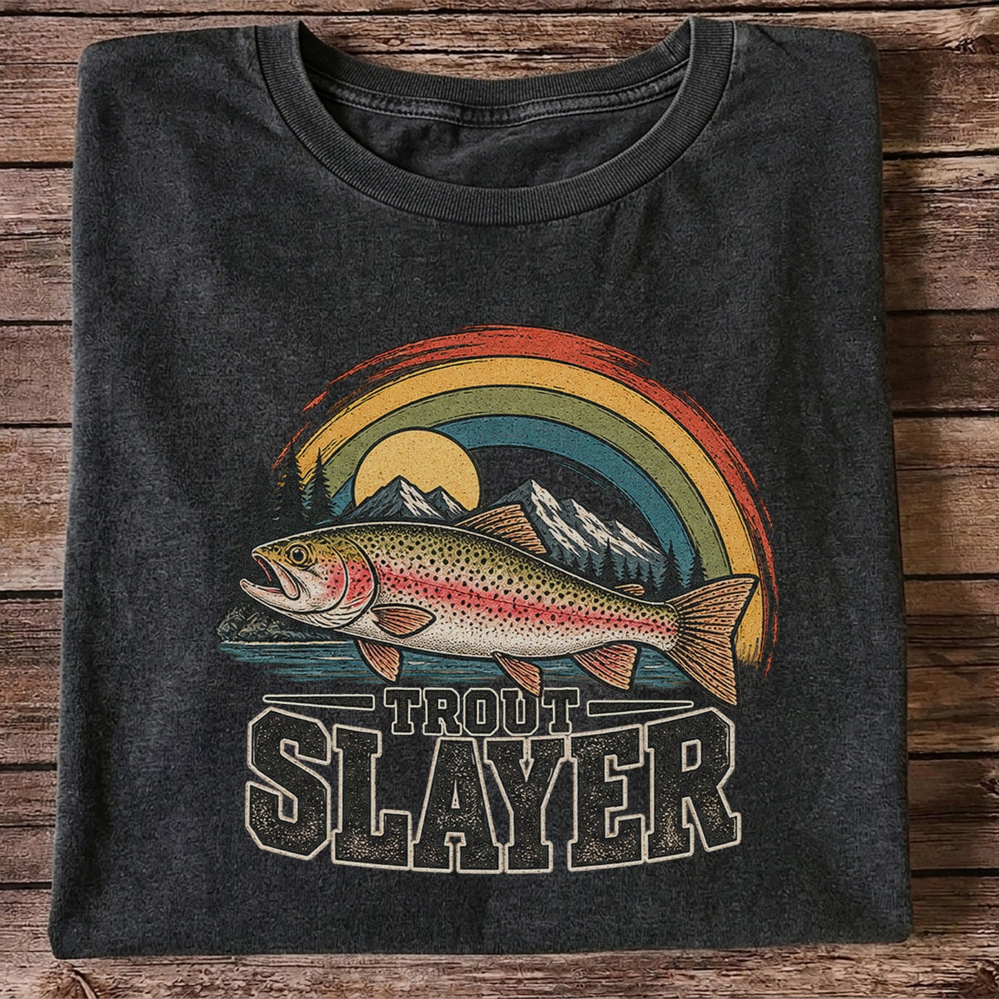 Trout Slayer Rainbow Trout Mountain Fishing Graphic T-Shirt