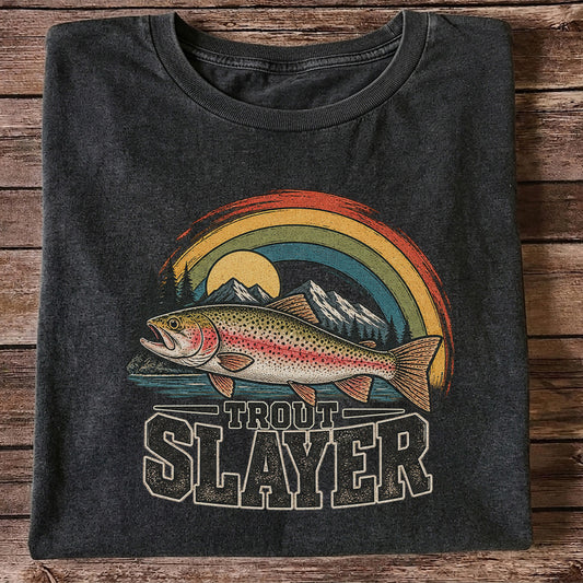 Trout Slayer Rainbow Trout Mountain Fishing Graphic T-Shirt