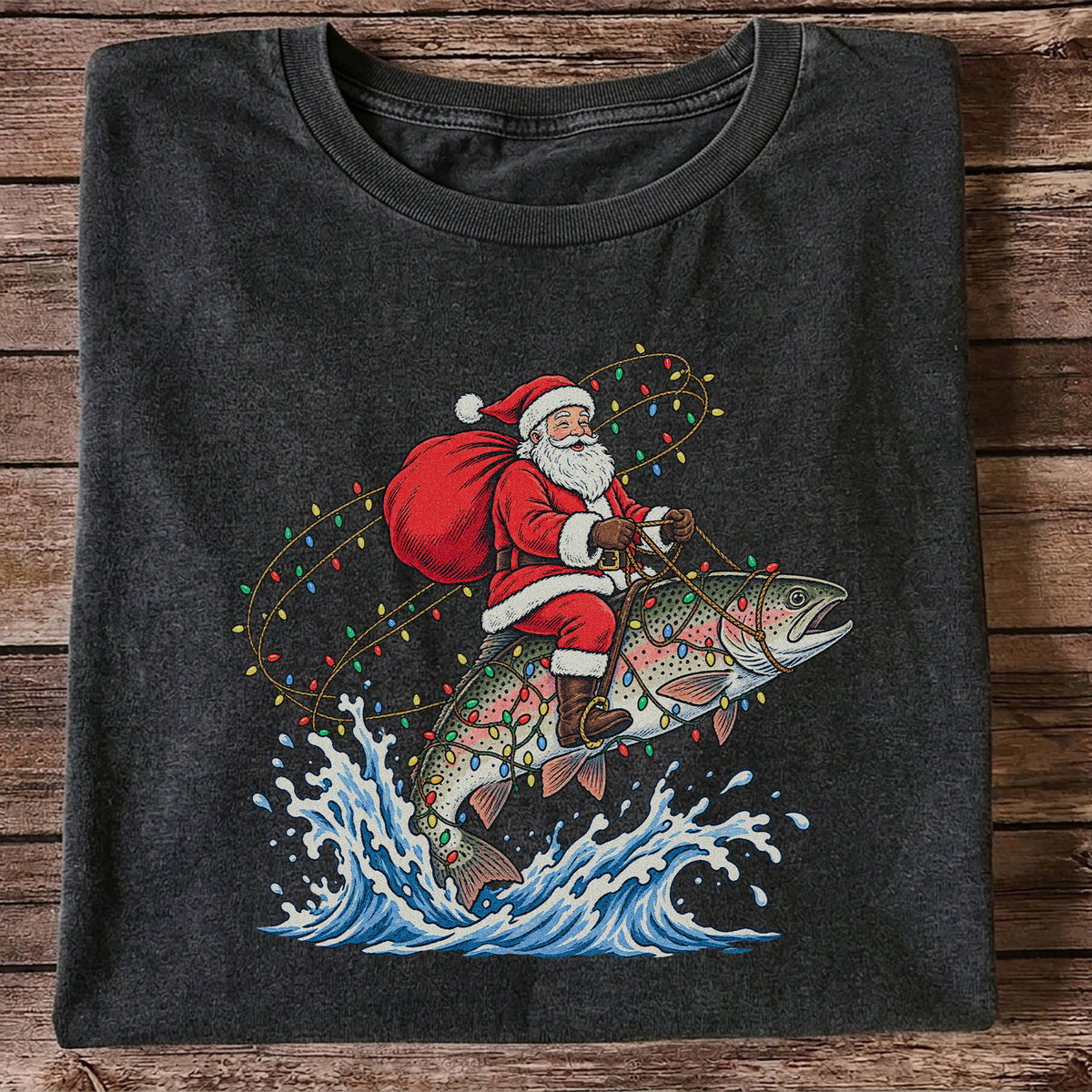 Santa Riding a Christmas-Lighted Rainbow Trout Fishing Graphic T-Shirt