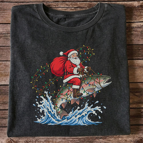 Santa Riding a Christmas-Lighted Rainbow Trout Fishing Graphic T-Shirt