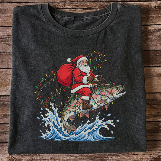Santa Riding a Christmas-Lighted Rainbow Trout Fishing Graphic T-Shirt