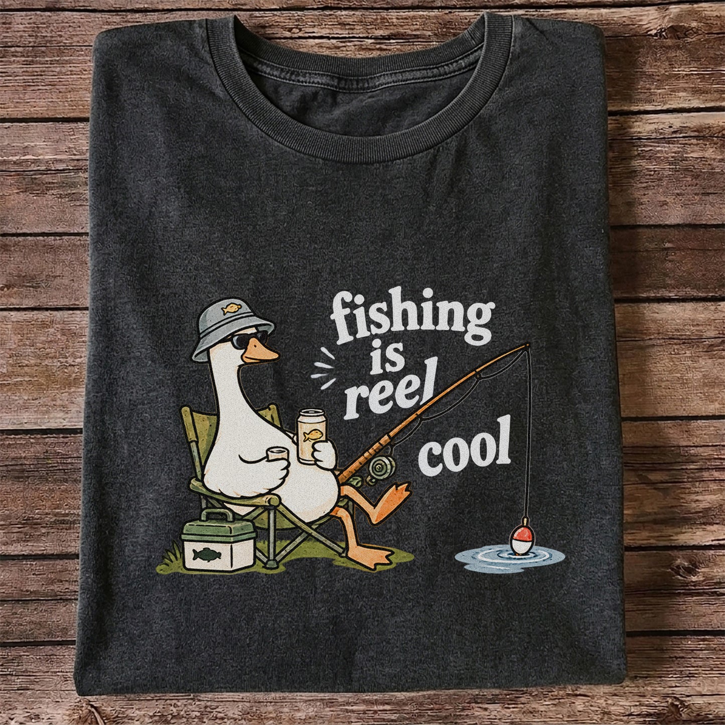 Fishing Is Reel Cool Funny Fishing Goose Graphic T-Shirt