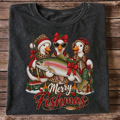 Merry Fishmas Christmas Ducks with Rainbow Trout Fishing T-Shirt