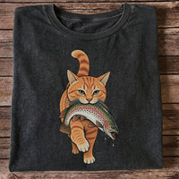 Cat Holding Trout Funny Fishing Graphic T-Shirt
